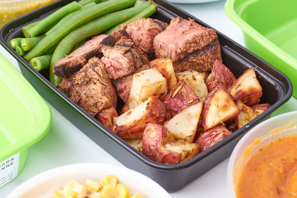 Meal prep dish with meat, green beans and roasted potato
